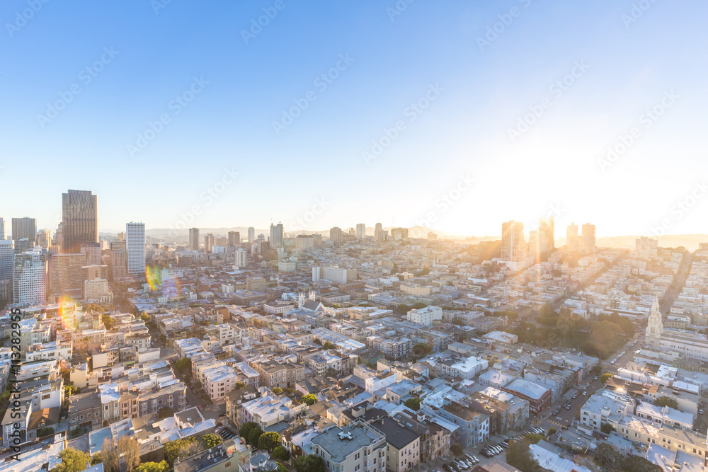 cityscape and skyline of san francisco at sunrise
