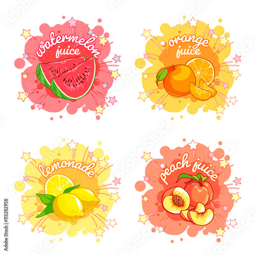 Four stickers with different fruit juices.
