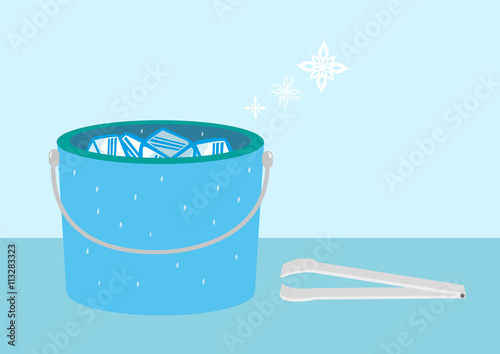 Bucket of Ice with snow symbols and tongs. Editable Clip Art.
