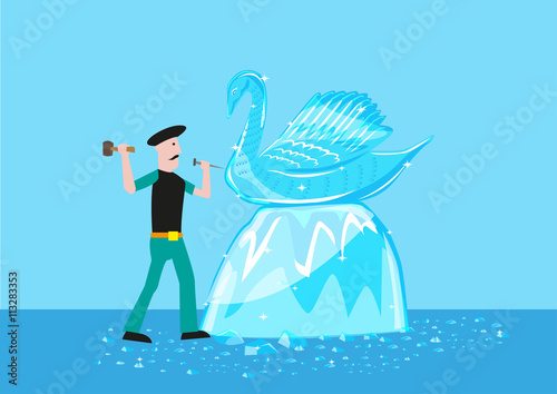 An artist sculpts a swan form out of ice or crystal material. Editable Clip Art.
