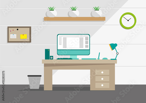 Clean Interior office concept with computer and household tools. Editable Clip Art. 
