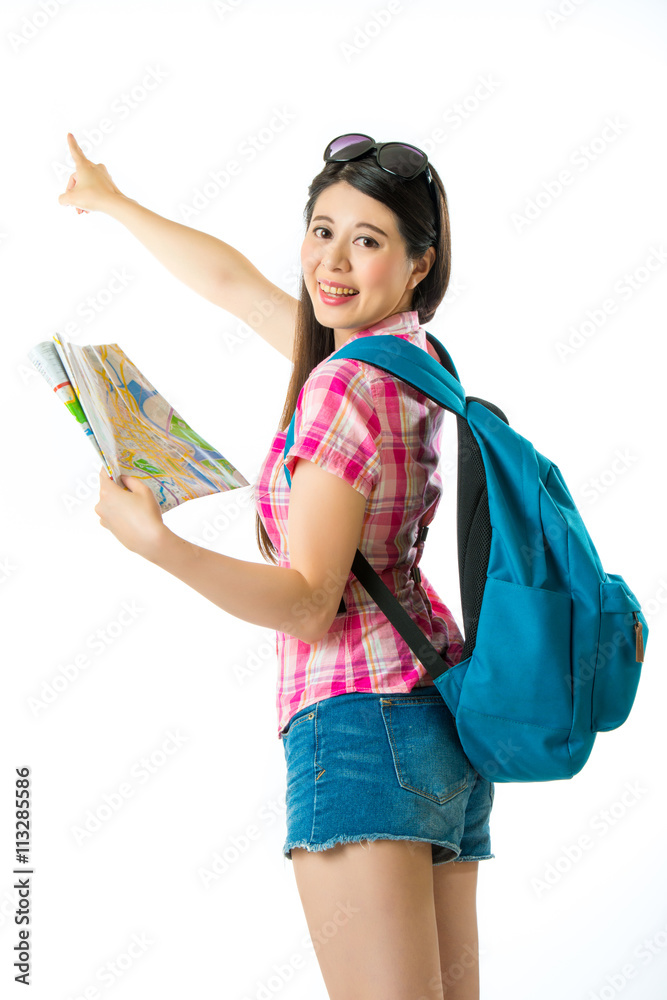 Happy asian woman tourist with pointing gesturing Happy asian woman tourist with pointing gesturing
