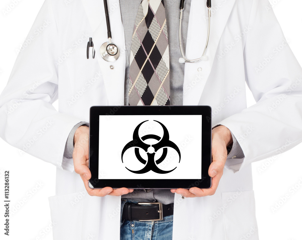Doctor holding tablet - Warning! Biohazard! Doctor holding tablet - Warning! Biohazard!