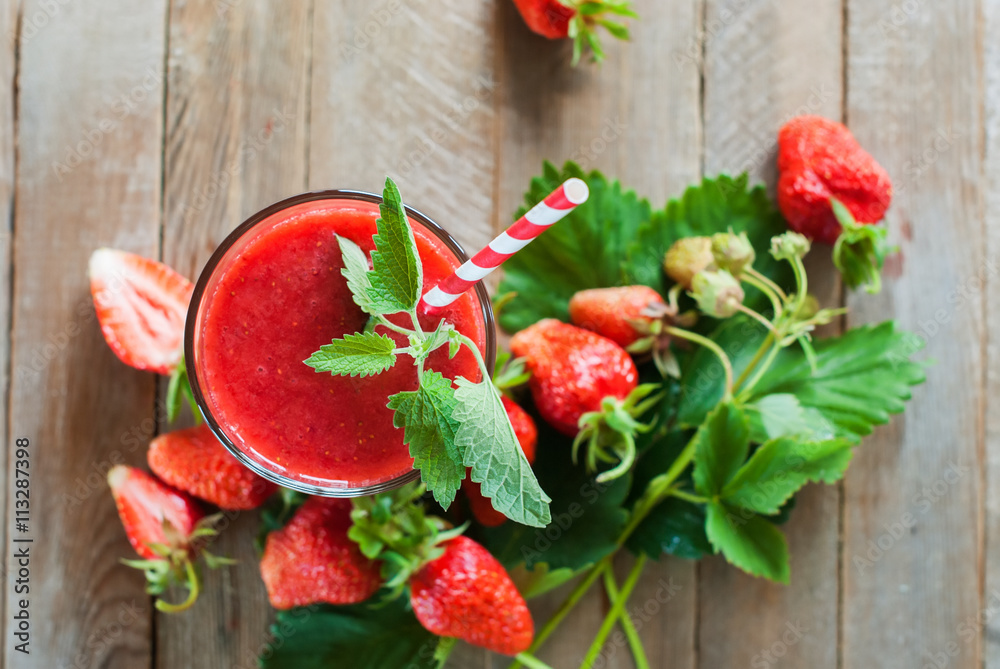 Glass Fresh Strawberry Smoothie Juice Fruits Mint Glass Fresh Strawberry Smoothie Juice Fruits Mint