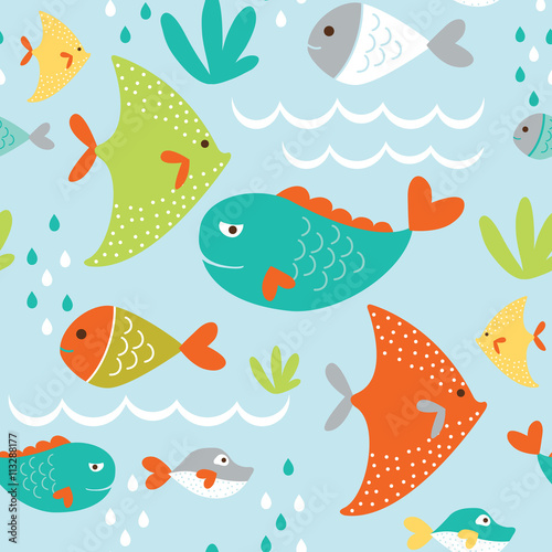seamless background with cute cartoon fish design