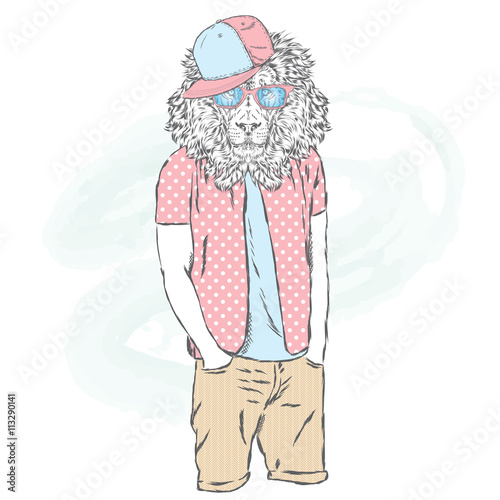 Fototapeta Naklejka Na Ścianę i Meble -  Lion hipster in summer clothes. The leo with the human body. Fashion & Style. Vector illustration for greeting card, poster, or print on clothing and accessories.