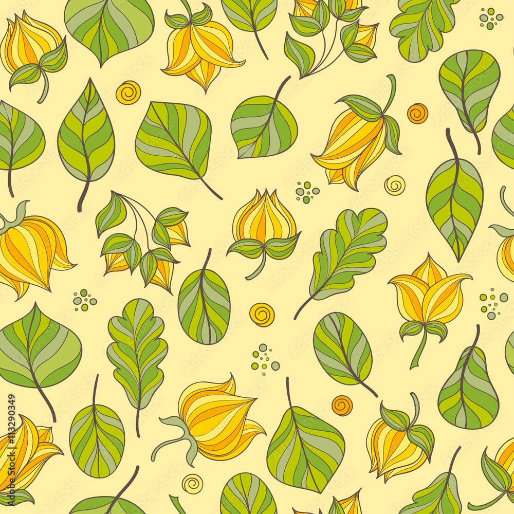 Flowers and leaves seamless pattern. Vector floral background Flowers and leaves seamless pattern. Vector floral background