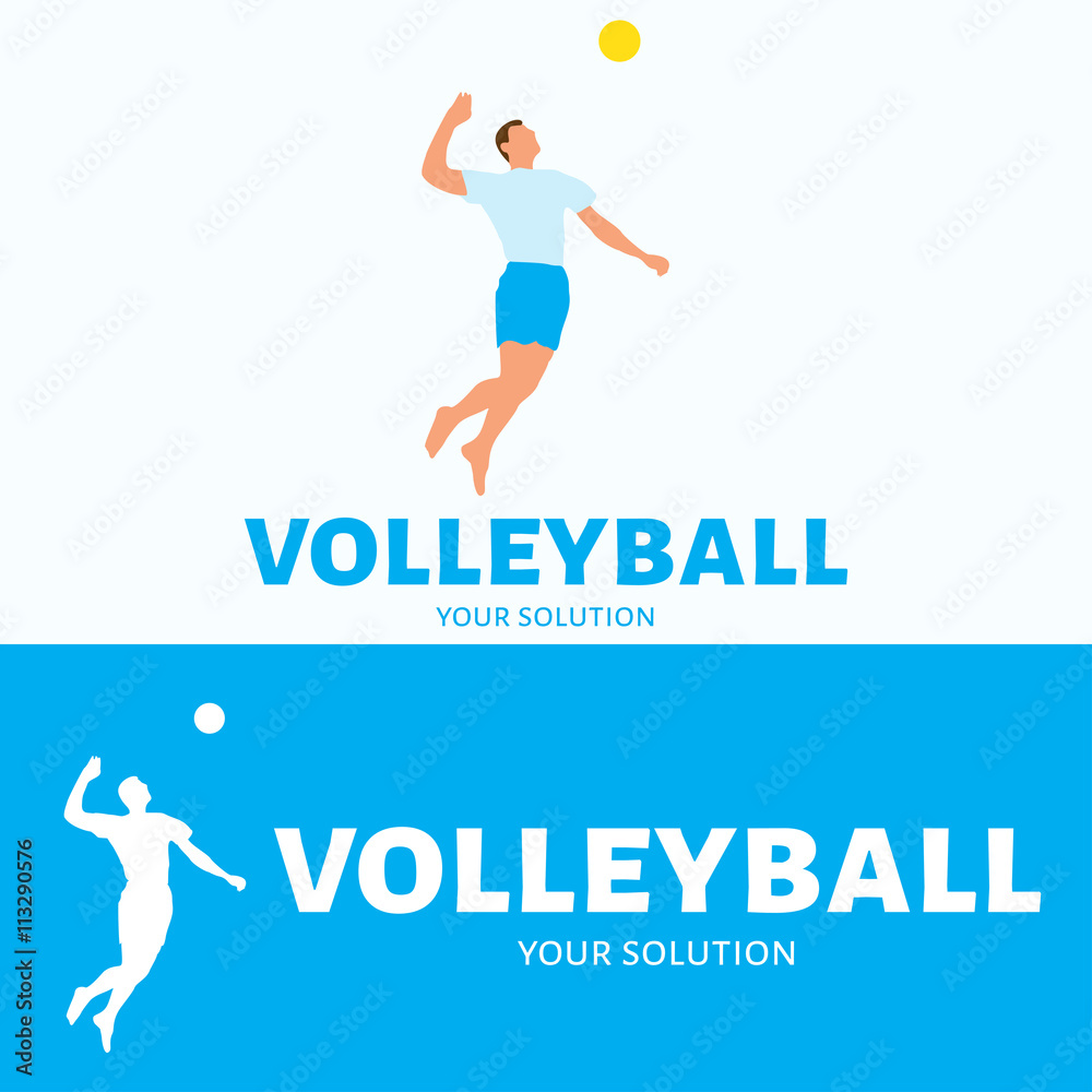 Vector logo volleyball. Bouncing a volleyball player hits a ball over a volleyball net