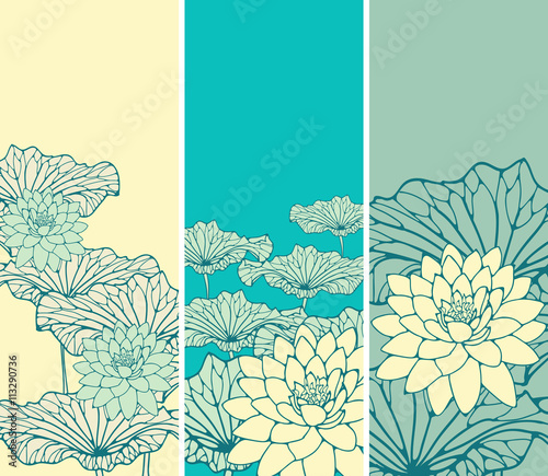 a set of Asian style floral bookmarks with lotus flowers and leaves in ivory and blue shades