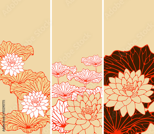 a set of Asian style floral bookmarks with lotus flowers and leaves in red, white, ivory and brown shades