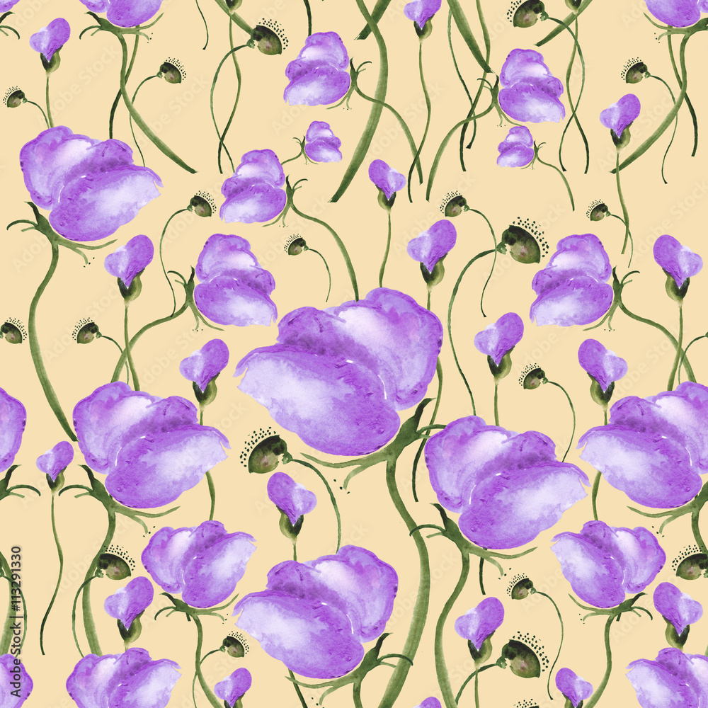 pattern of purple flowers in watercolor. Flower , stained glass painting with watercolors on white background pattern of purple flowers in watercolor. Flower , stained glass painting with watercolors on white background
