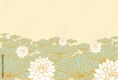 a field of lotus poster background in soft blue, ivory and gold