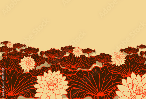 a field of lotus poster background in red, dark brown and ivory