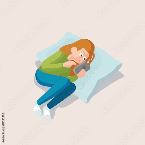 Young girl lying on pillow with smartphone, vector illustration, EPS 10