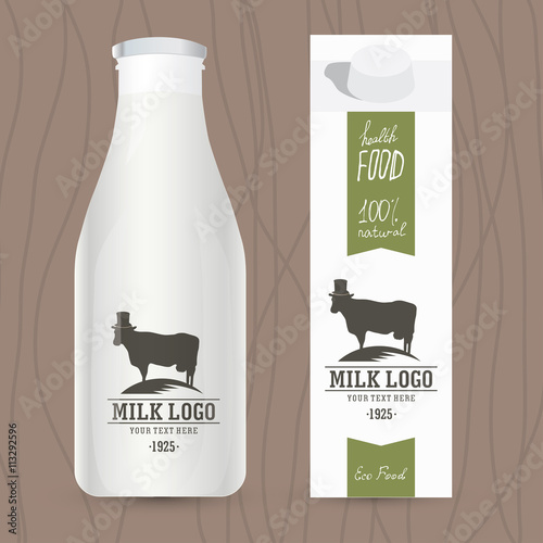Eco design concept for milk bottle and packaging. Set of milk bottle. Concept packaging of milk. Healthy lifestyle. Idea for branding, packaging, web, website, advertising, advertising booklets.