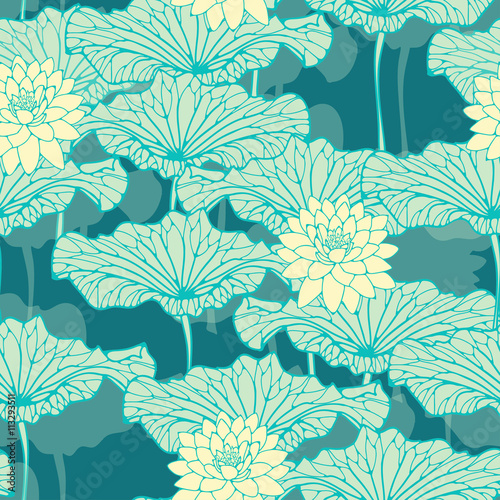 an asian style lotus pond seamless pattern in blue and ivory