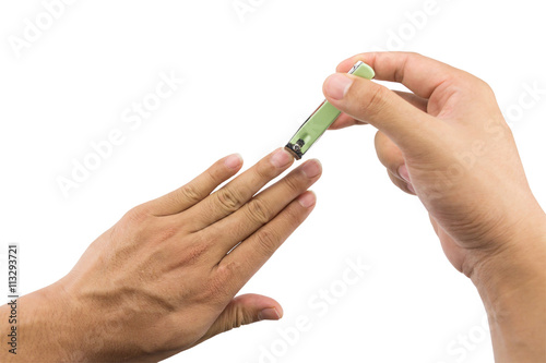 Man cutting nails with nail clipper isolated on white background