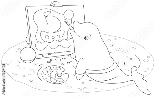 beluga whale drawing a picture with a brush and paints