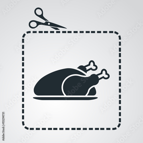 Icono plano tijeras cortando cupón con pollo asado en fondo degradado