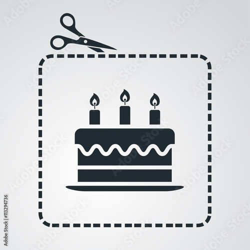 Icono plano tijeras cortando cupón con tarta de cumpleaños en fondo degradado