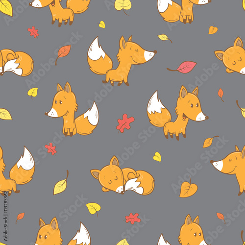Seamless pattern with cute cartoon foxes and falling leaves on  gray background. Autumn season. Funny forest animals. Vector image. Children's illustration.