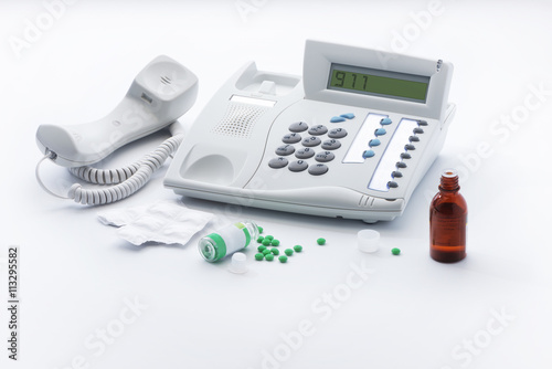 Telephone set and medicines in tablets or drops