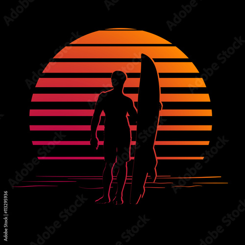 black and orange stripes logo with surfer silhouette