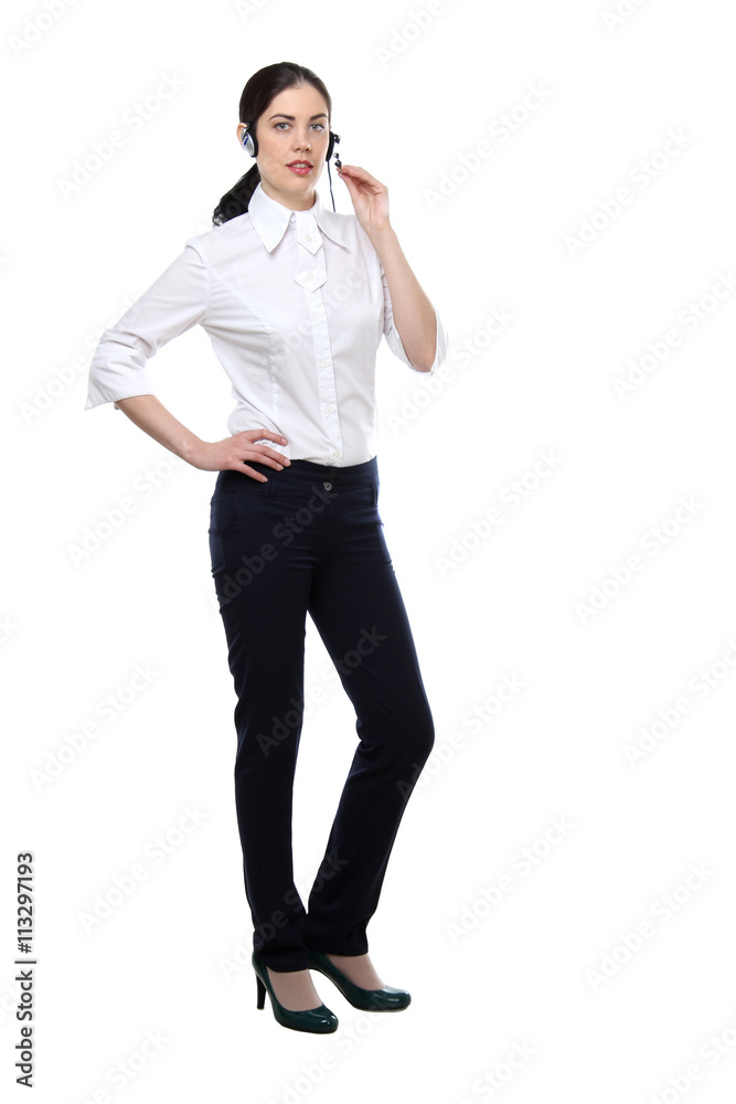 the vertical portrait of young adult beautiful brunette woman with headset isolated on white background the vertical portrait of young adult beautiful brunette woman with headset isolated on white background