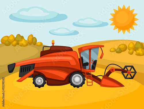 Combine harvester on wheat field. Agricultural illustration farm rural landscape