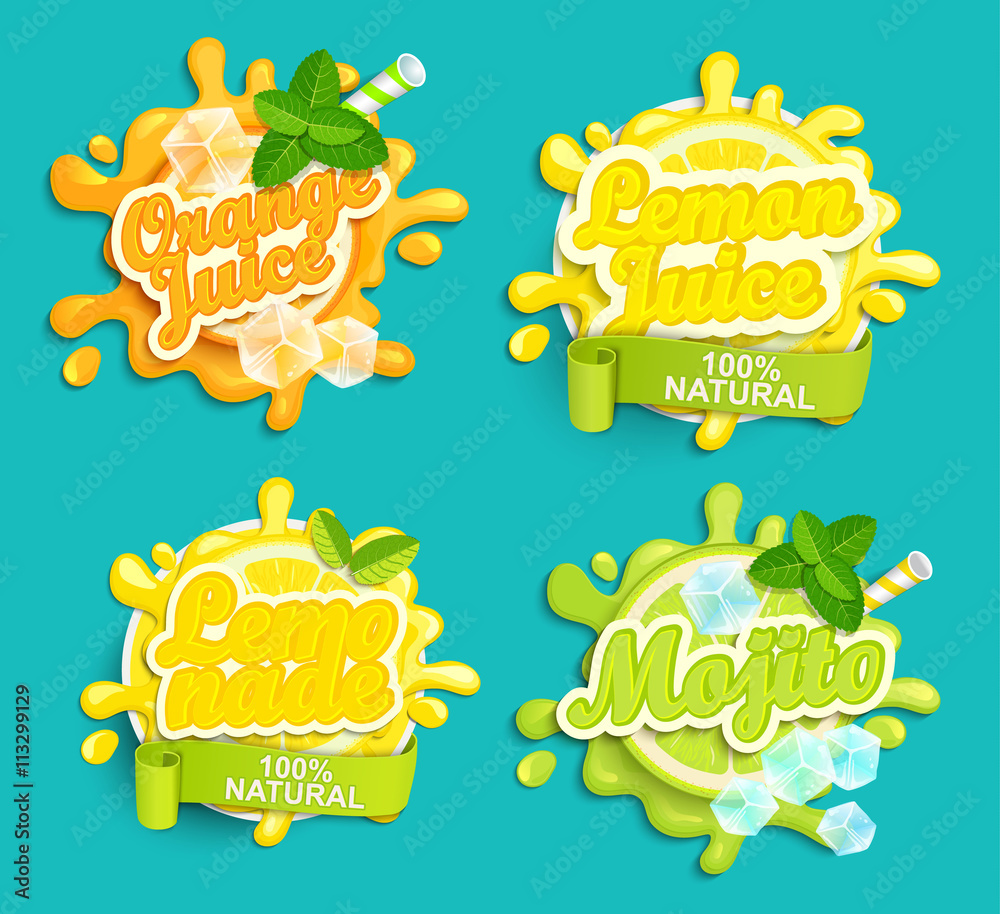 Set of Lemonade, Orange, Lemon Juice, Mojito labels splash. Set of Lemonade, Orange, Lemon Juice, Mojito labels splash.