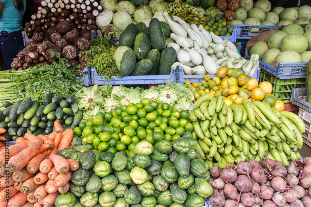 Fruit market with various fruits and vegetables