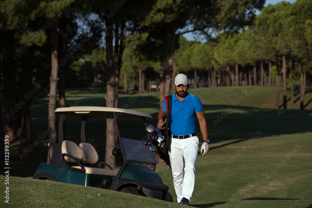 Obraz premium golfer walking and carrying golf bag