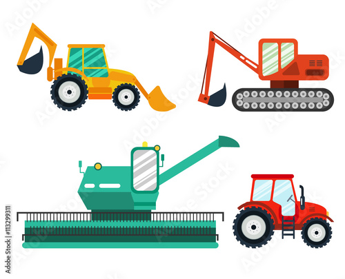 Excavators, tractor, combine on white background. Agricultural vehicle, farm machine.