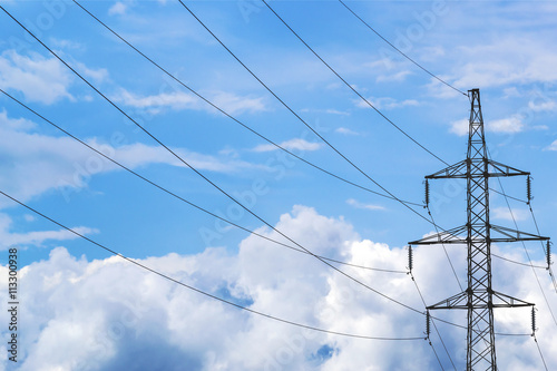 Electricity, High Voltage Cable with Blue Sky and Pillar