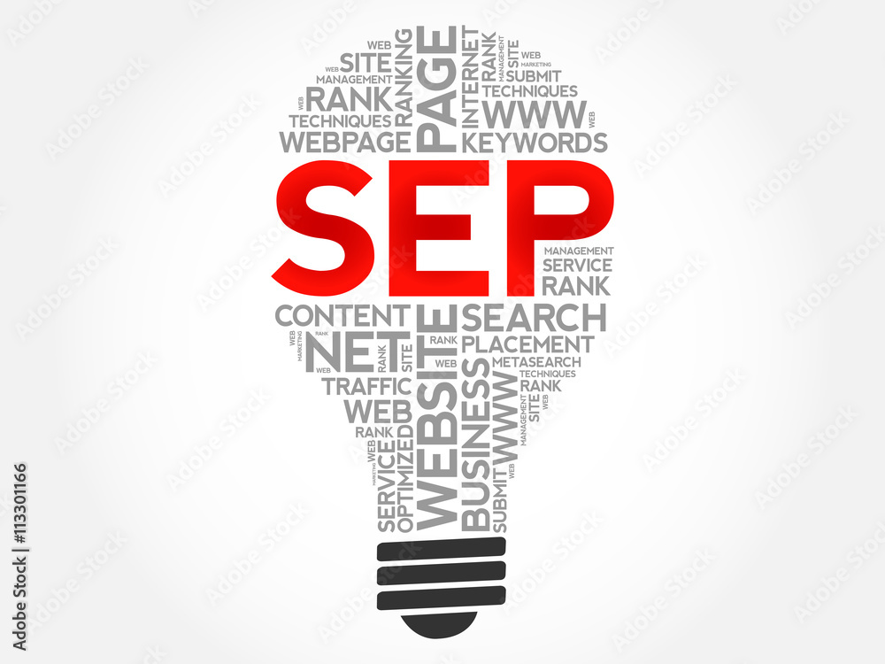 SEP (search engine positioning) bulb word cloud, business concept SEP (search engine positioning) bulb word cloud, business concept