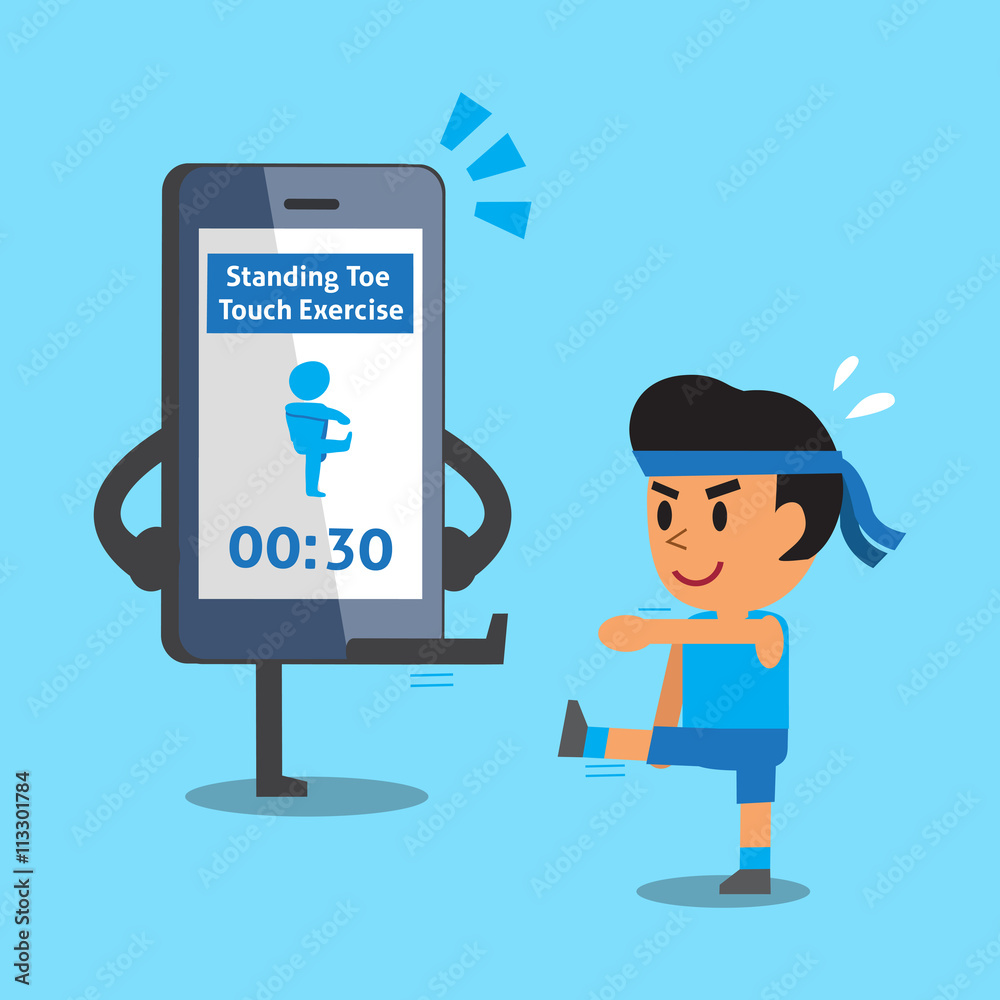 Cartoon smartphone helping man to do standing toe touch exercise Cartoon smartphone helping man to do standing toe touch exercise