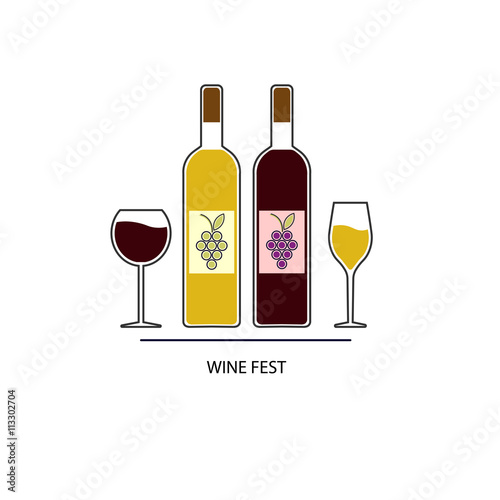 wine set, bottle and glass of wine. white and red. vector illustration.