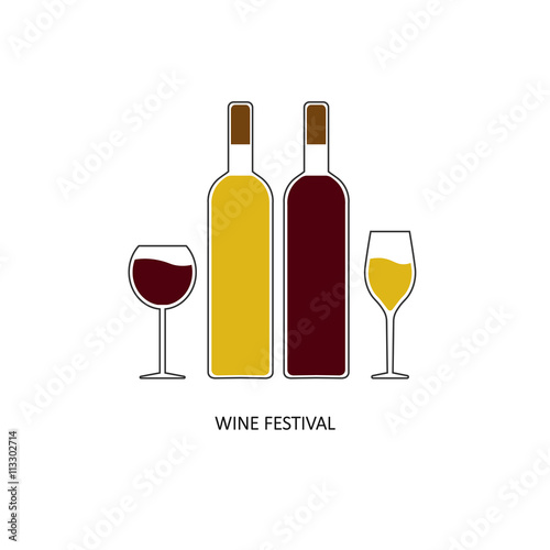 wine set, bottle and glass of wine. white and red. vector illustration.