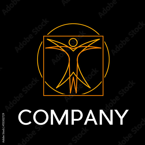 Vector sign abstract vitruvian man, in linear style on black bac