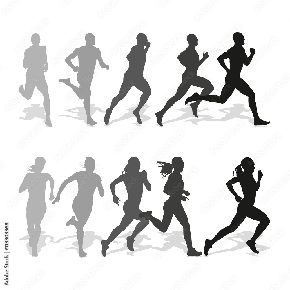 Set of silhouettes of running men and women. Run, runner, sport