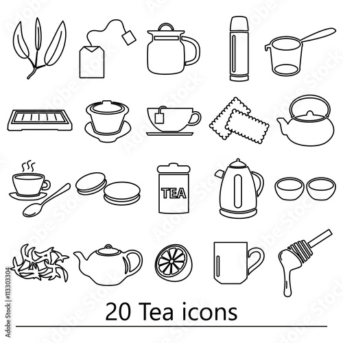 tea theme black simple outline icons set eps10