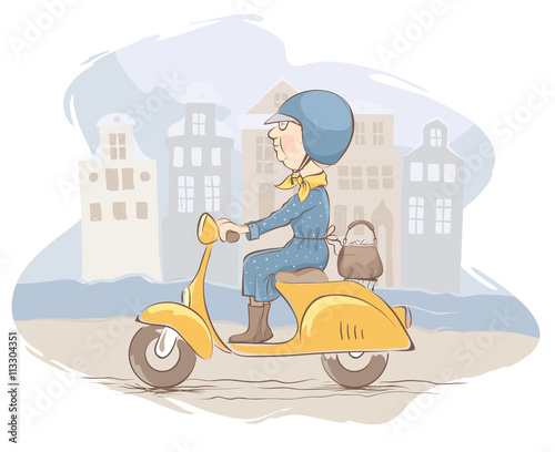 Old woman on scooter rides rides through the old town/Granny traveling by scooter, vector illustration
