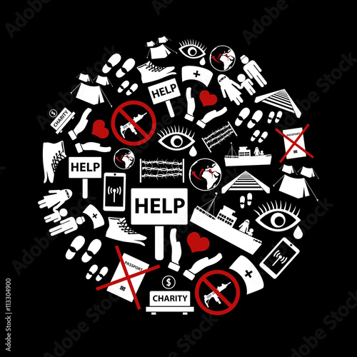 various simple refugees theme icons set in circle eps10