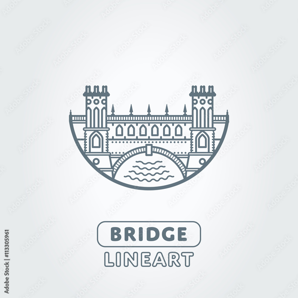 Vector bridge and river stylized symbol. Castle icon