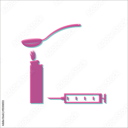 Narcotic drug in spoon on fire anaglyph sign simple icon on white background