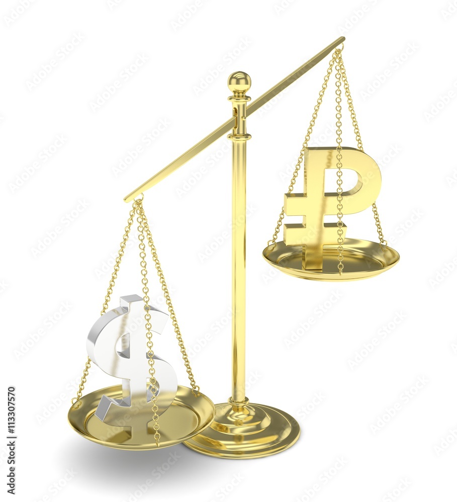 Isolated old fashioned pan scale with dollar and ruble on white background. American and russian currency. Dollar is heavier. Silver usd, golden rouble. 3D rendering. Isolated old fashioned pan scale with dollar and ruble on white background. American and russian currency. Dollar is heavier. Silver usd, golden rouble. 3D rendering.