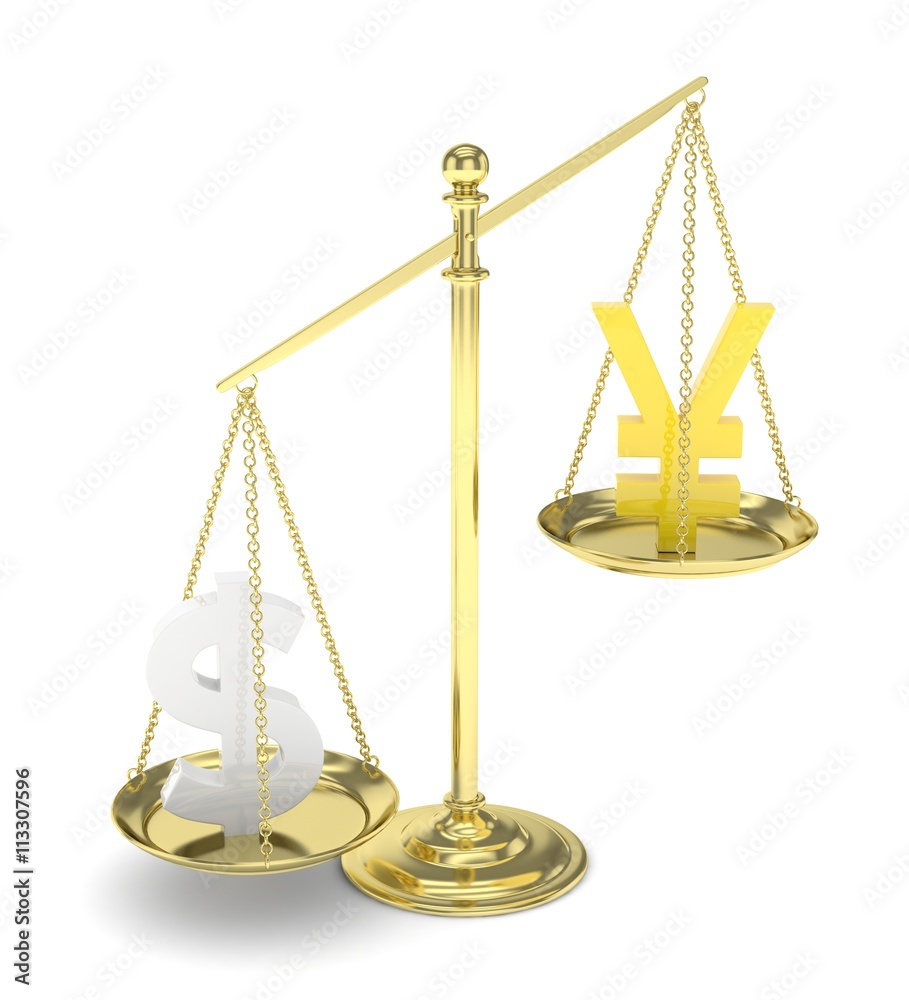 Isolated old fashioned pan scale with dollar and yuan,yen on white background. American and chinese and japanese currency. Dollar is heavier. Silver usd, golden yuan. 3D rendering. Isolated old fashioned pan scale with dollar and yuan,yen on white background. American and chinese and japanese currency. Dollar is heavier. Silver usd, golden yuan. 3D rendering.