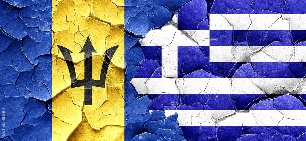 Barbados flag with Greece flag on a grunge cracked wall - obrazy, fototapety, plakaty 