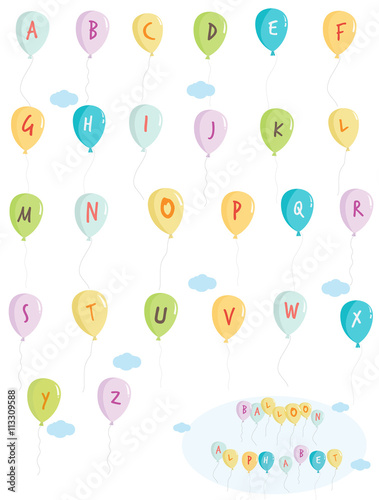 Vector set of alphabets with party birthday balloons.