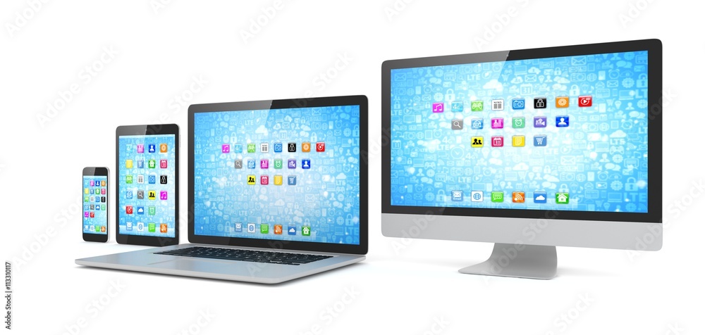 Responsive web design, laptop, smartphone, tablet, computer, display. 3d rendering. Responsive web design, laptop, smartphone, tablet, computer, display. 3d rendering.